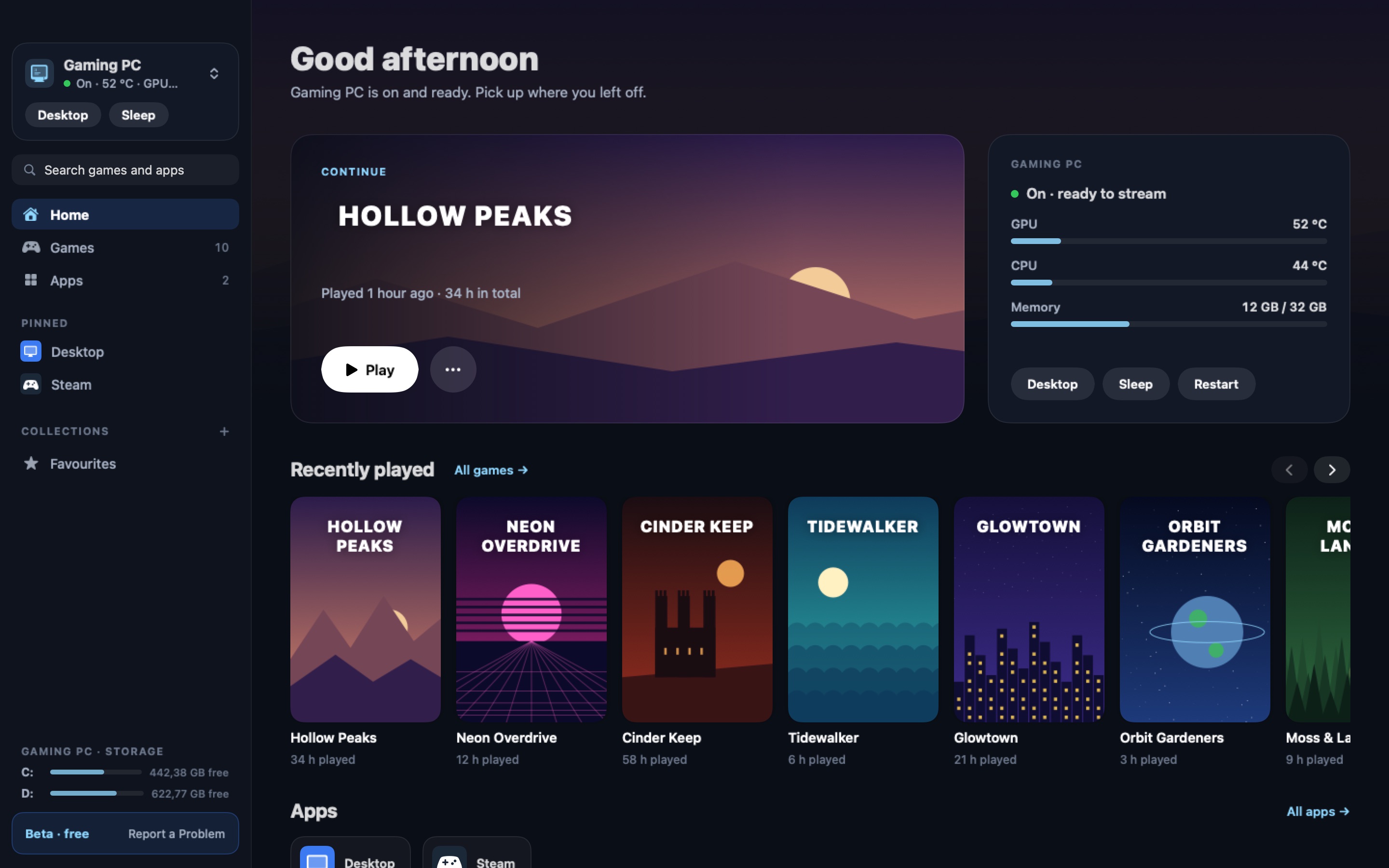 Overtoaster on the Mac: the home screen with recently played games